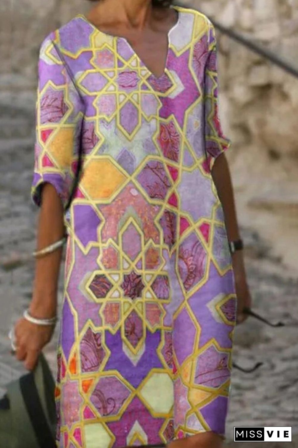 Geometric Print Color Block V-Neck Dress