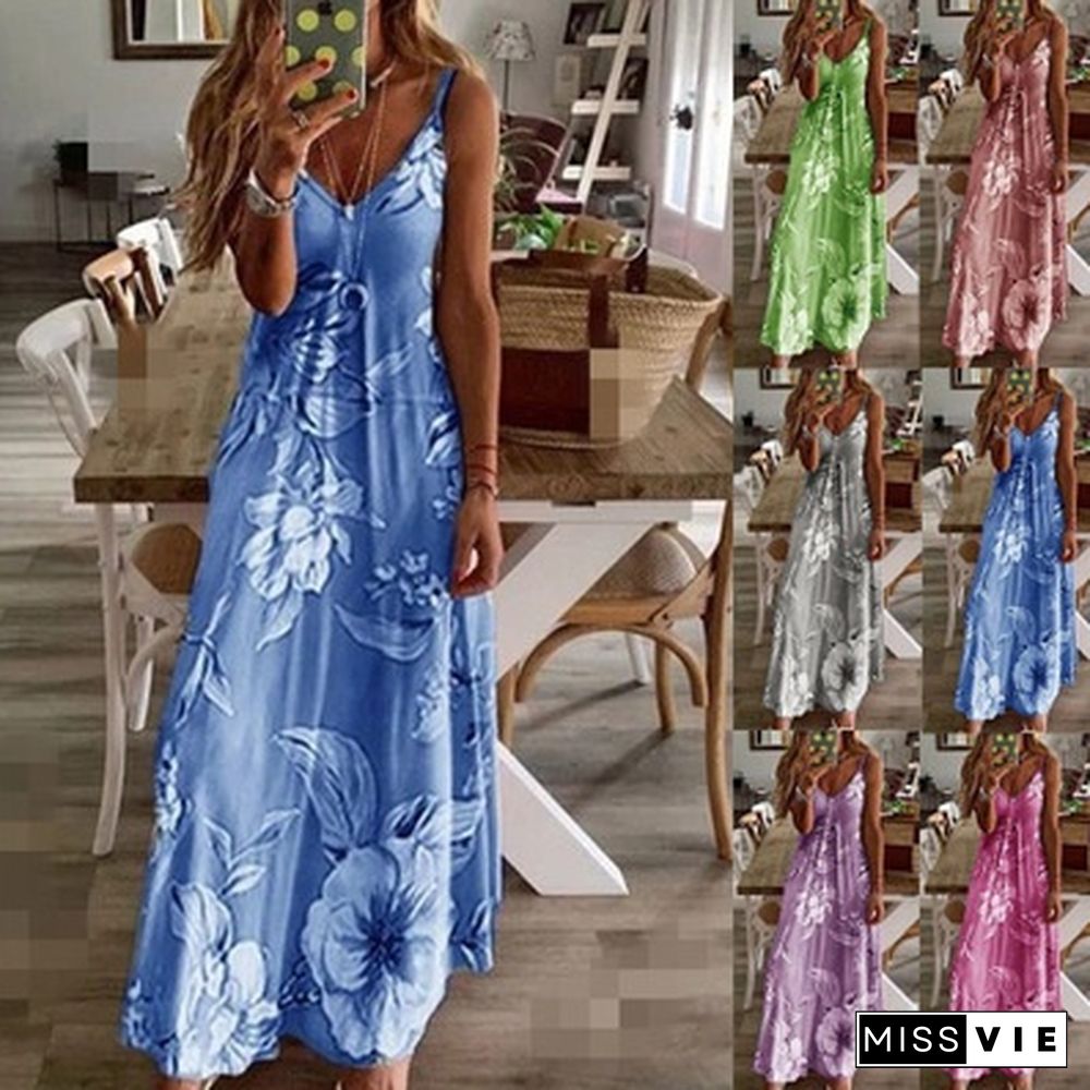 New Summer Women's Sleeveless U-Neck Letter Floral Print Dress Big Swing Skirt Gradient Vest Dress Loose Casual Long Dress Plus Size