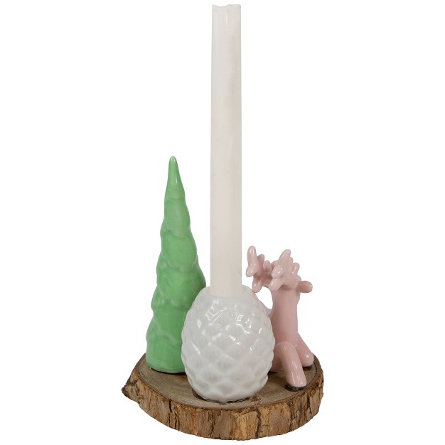 Pink Reindeer With Tree And Pine Cone Christmas Taper Candle Holder