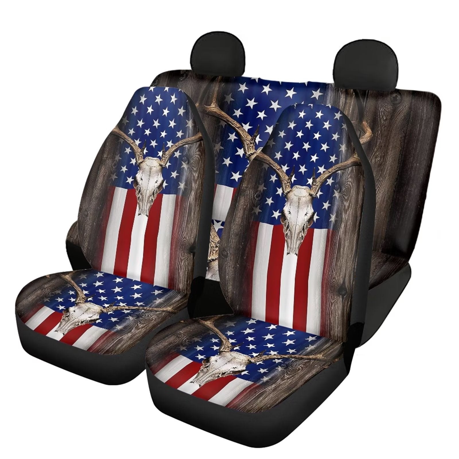 FKELYI Patriotic Vehicle Car Seat Covers Kit of American 4 of July，Camo Hunting Skull Deer High Back Seat Cover Elastic Auto Accessories for Men Fit for Trucks，SUVs and Vans