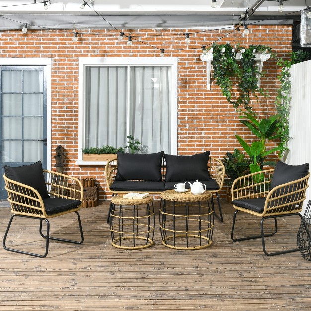 Outsunny 5 Piece Pe Rattan Outdoor Furniture Set With Cushioned Chairs Loveseat Sofa amp Stackable Coffee Tables Black