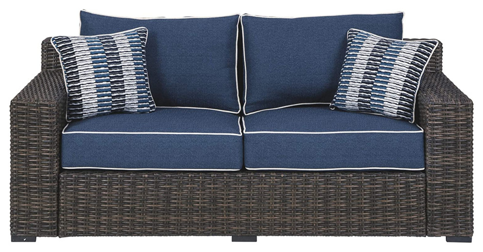 Modern Farmhouse Sofa  Wicker Frame  ampPlush Navy Cushions  Indoor or Outdoor Use   Transitional   Sofas   by Declusia  Houzz