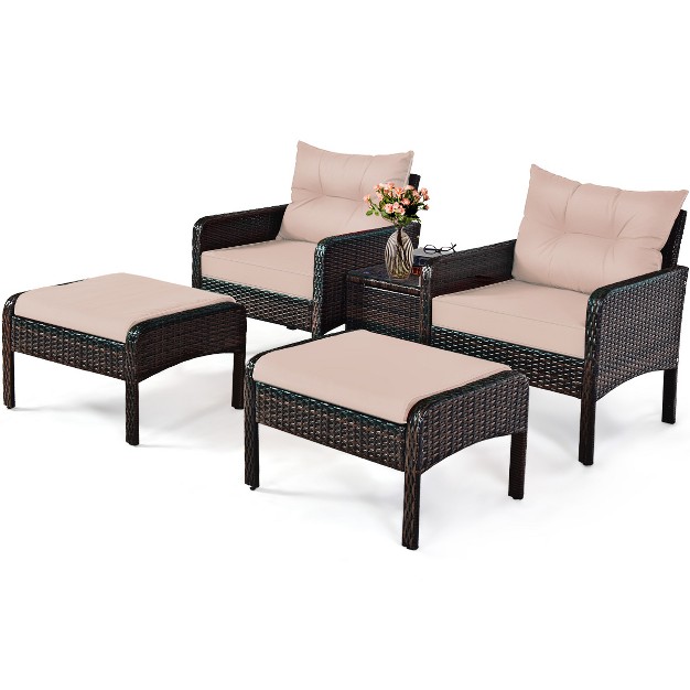 Tangkula 5 piece Patio Rattan Conversation Set Cushioned Sofas And Ottoman Set With Table