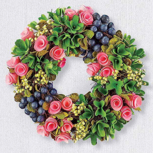 Collections Etc Berries And Greenery Pink Rose Accented Wooden Wreath Under 24 Inches