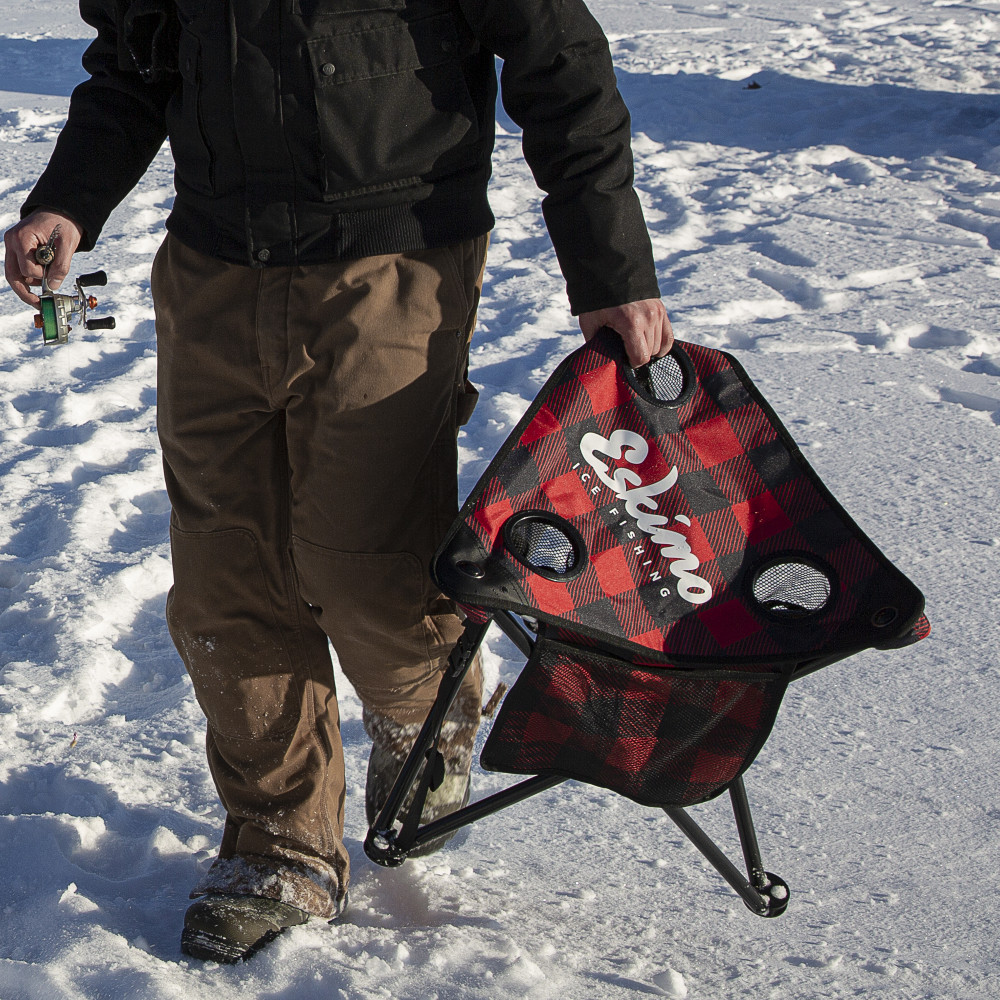 X-Large Folding Ice Fishing Stool/Table with 600 Denier Fabric Plaid Pattern