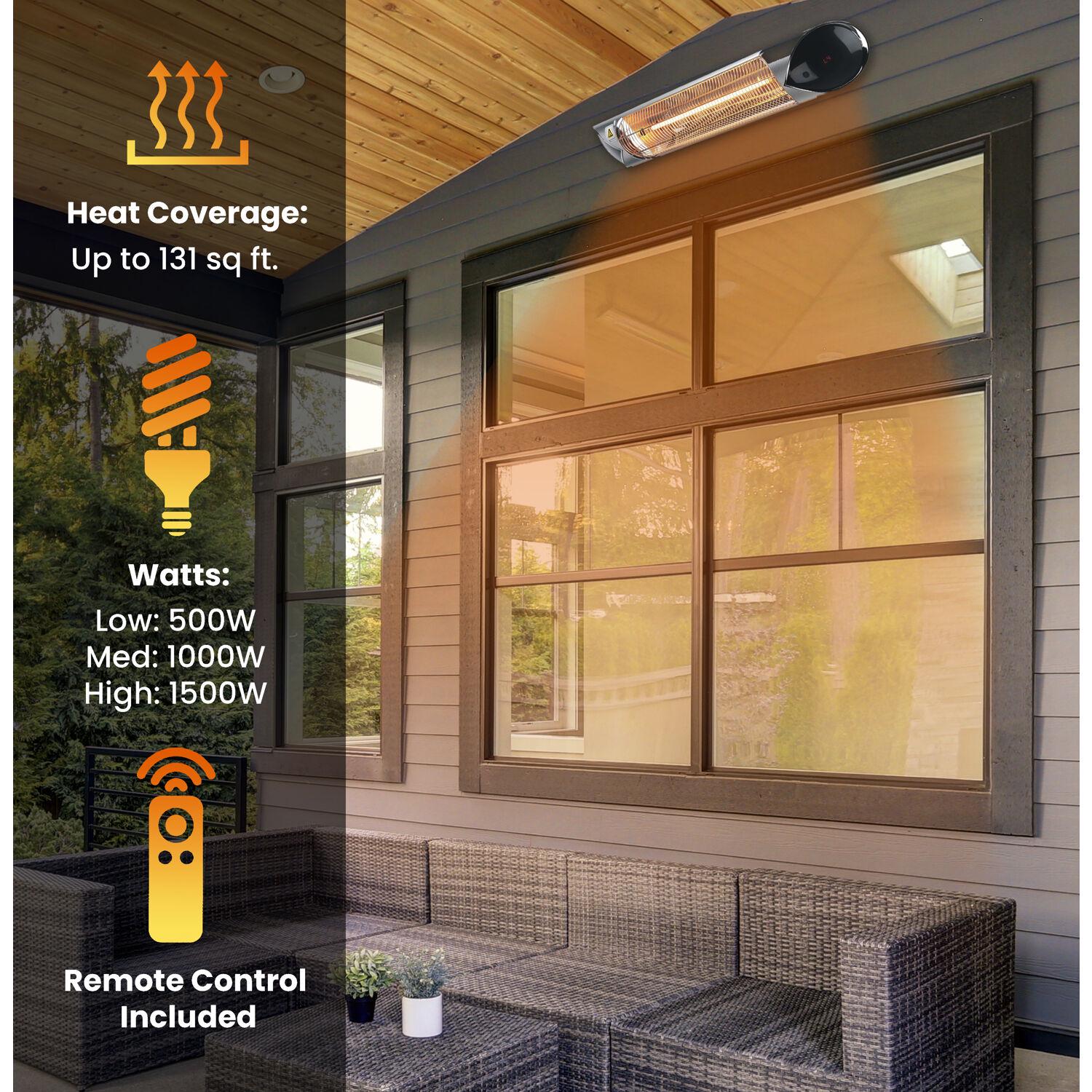 Hanover 35.4and#8221; Wide Electric Infrared Carbon Heat Lamp with Mounting Bracket and Remote Control | Powerful Heating for Outdoor Areas up to 131 Sq. Ft. | Ideal for Porch， Garage， Workshop | Silver