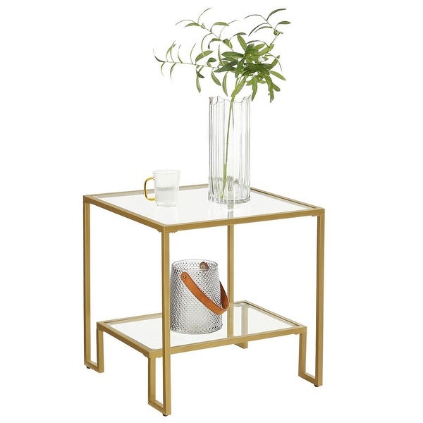 Side Table， End Table， Nightstand， Glass Shelves， Steel Frame， for Living Room Bedroom， 19.7 x 19.7 x 19.7 Inches， Golden