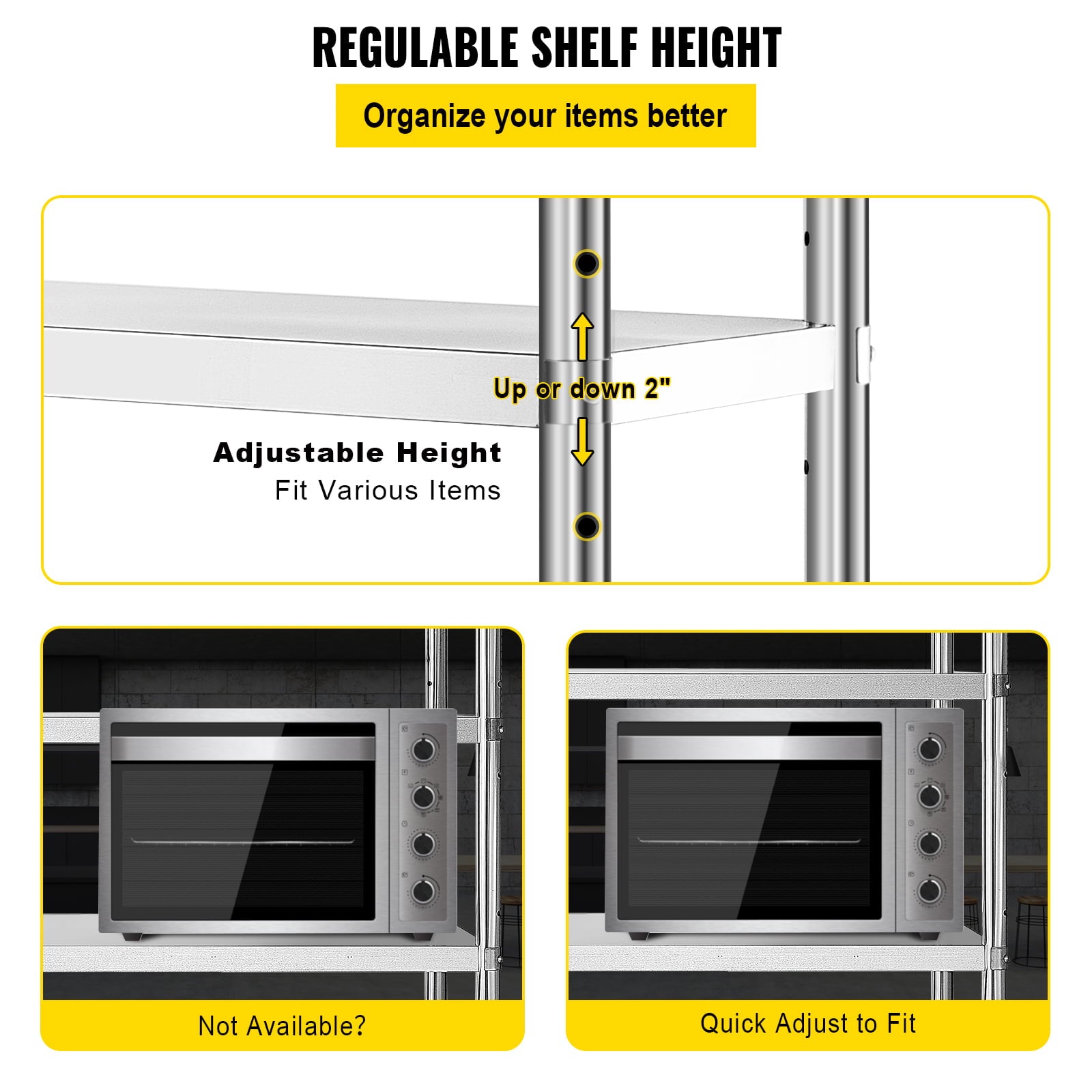 VEVORbrand Stainless Steel Shelving 48x18.5 inch 5 Tier Adjustable Shelf Storage Unit Heavy Duty Shelving for Kitchen Commercial Office Garage Storage 330lb Per Shelf