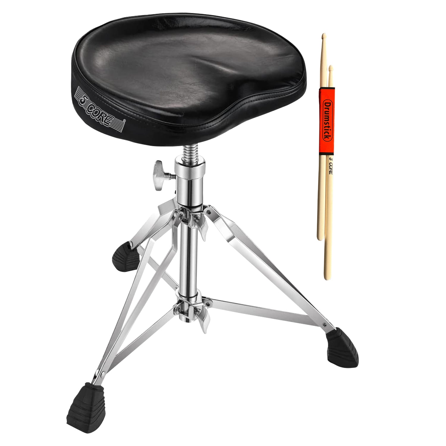 5 Core Drum Throne Saddle Black| Heavy Duty Height Adjustable Padded Comfortable Drum Seat| Stools Chair  Style with Double Braced Anti-Slip Feet and Two Drumsticks for Adults Drummers- DS CH BLK SDL HD