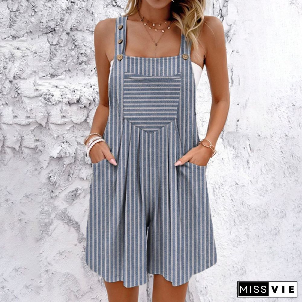 Blue Striped Print Strap Sleeveless Jumpsuit