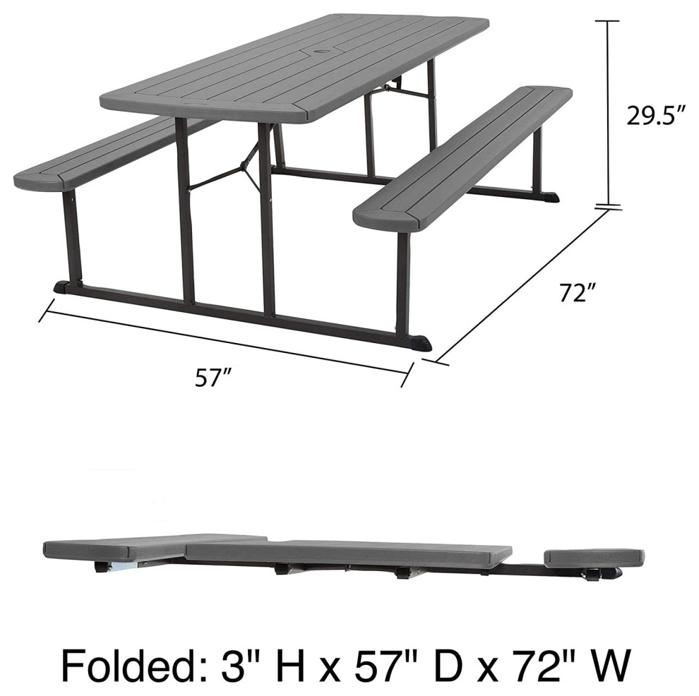 Folding Patio Picnic Dining Table  Metal Frame With Dark Wood Grain Top  ampSeats   Transitional   Outdoor Dining Sets   by Decor Love  Houzz