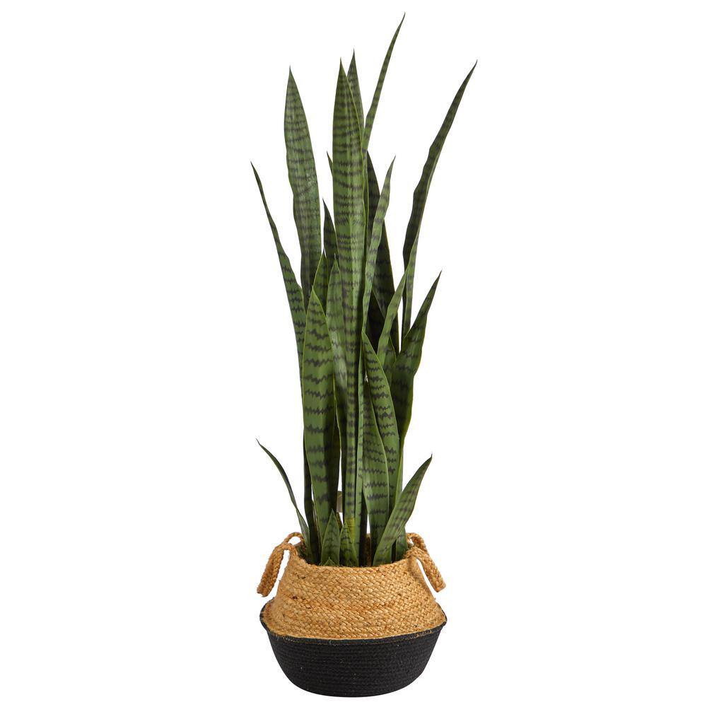 Nearly Natural 46 in. Green Sansevieria Artificial Plant in Boho Chic Handmade Cotton and Jute White Woven Planter P1761