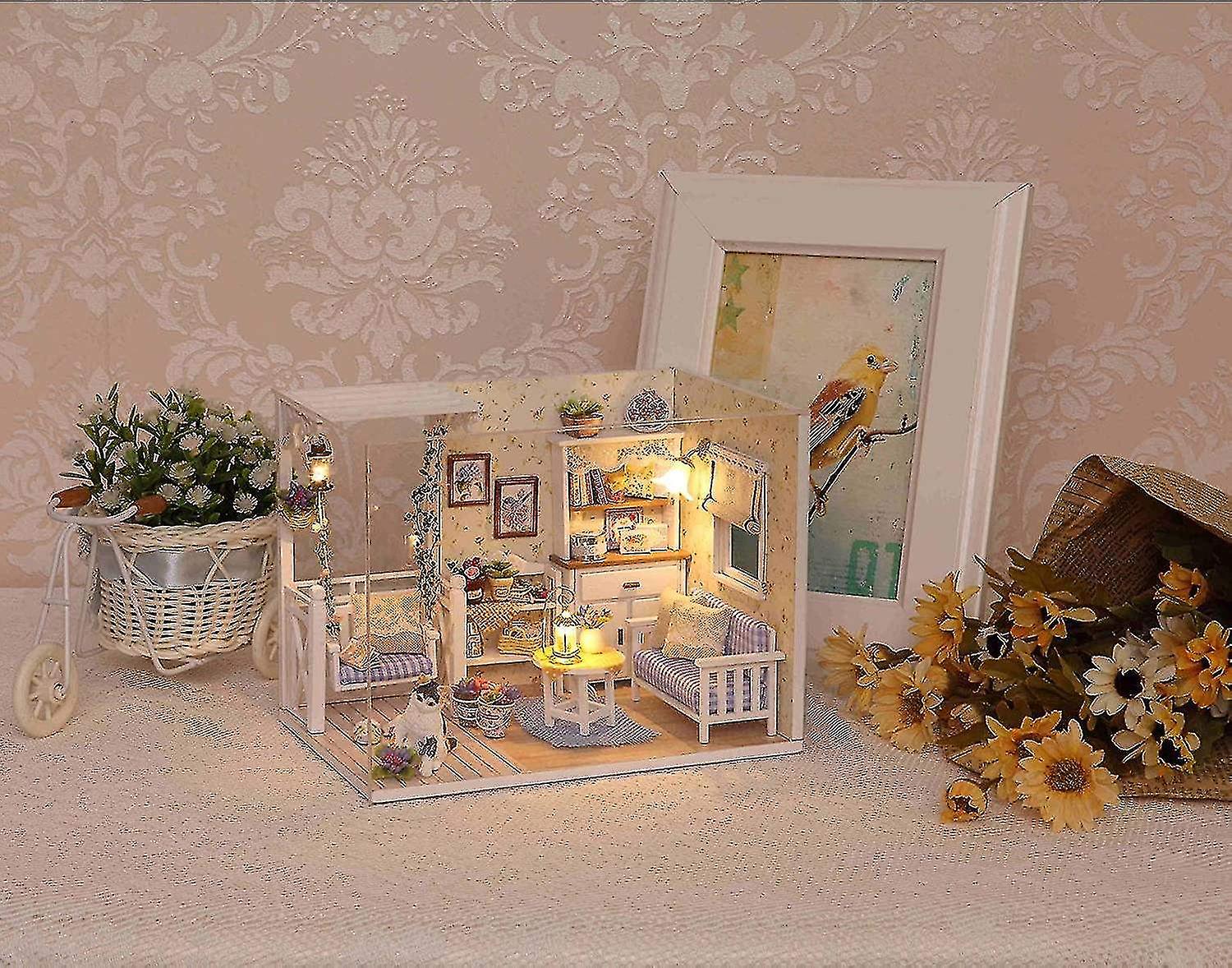 Wooden Dollhouse Miniatures Diy House Kit With Cover And Led