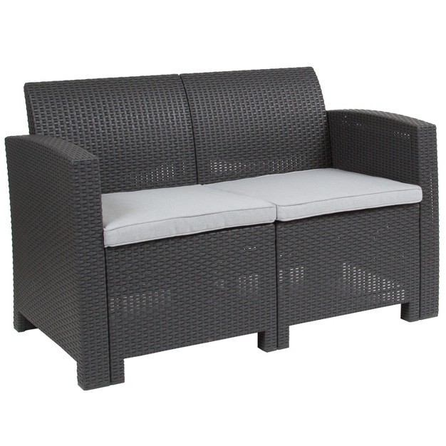 Flash Furniture Faux Rattan Loveseat With All weather Cushions