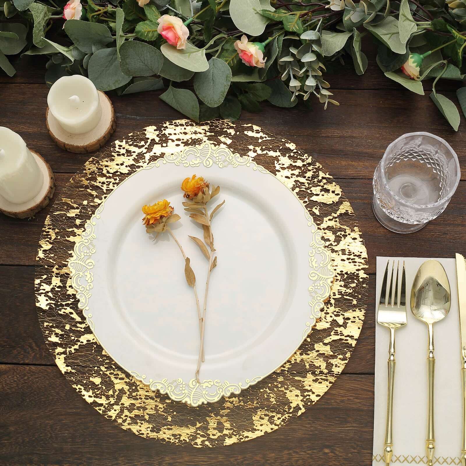 10 Pack Metallic Gold Foil Mesh Table Placemats, Disposable Round Shiny Dining Mats 13