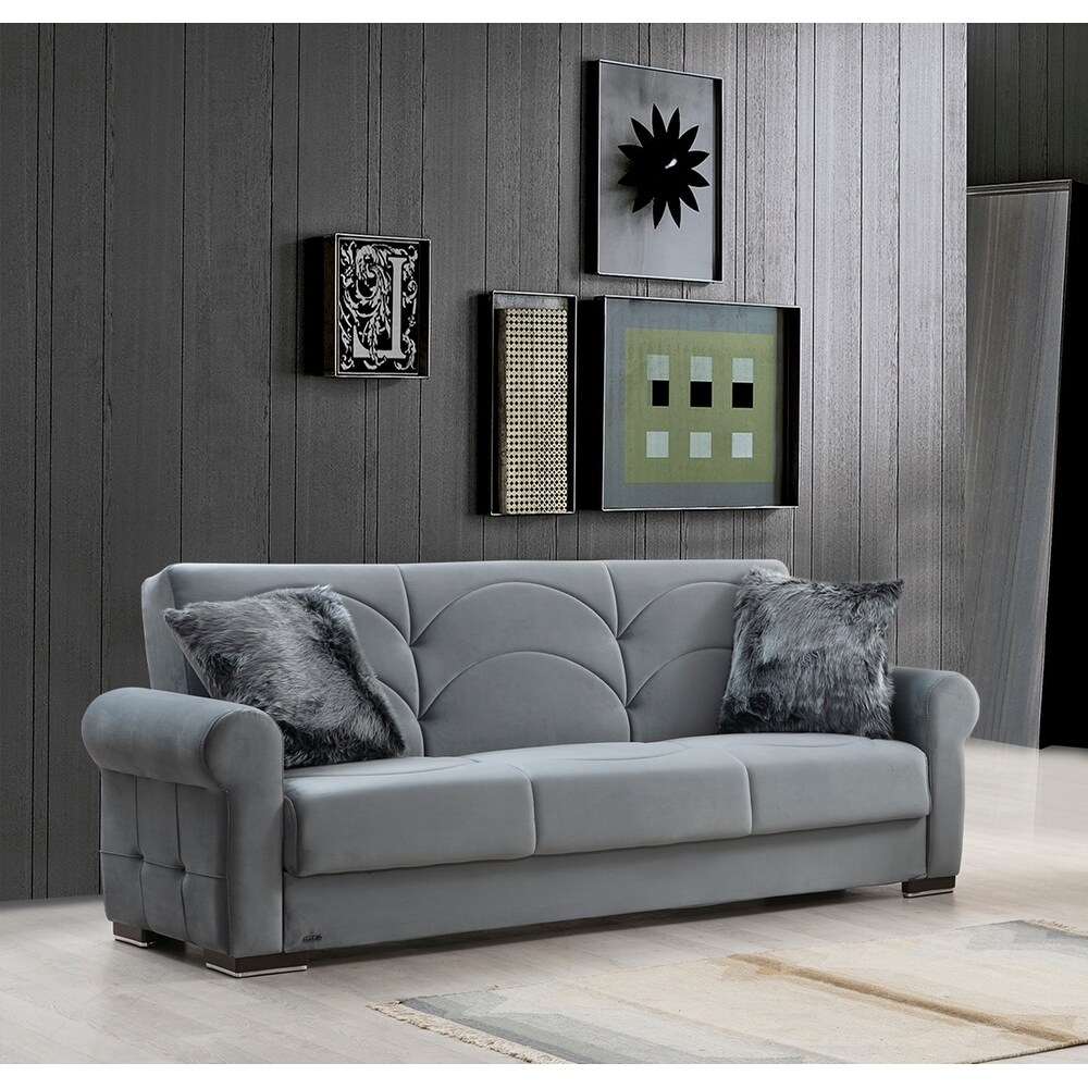 Amarillo Grey Velvet Upholstered Convertible Sleeper Sofa with Storage