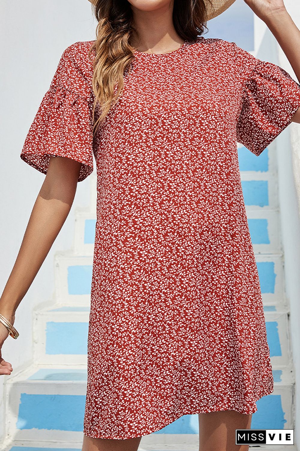 Red Floral Flare Sleeves T-Shirt Dress