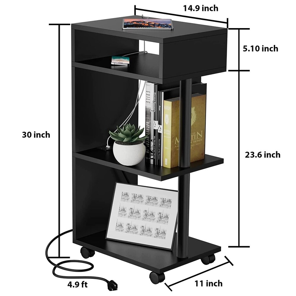 End Table with Charging Station  4 Tier Narrow Side Table with USB Ports and Outlets  Rolling Slim Bedside Table forSmall Spaces