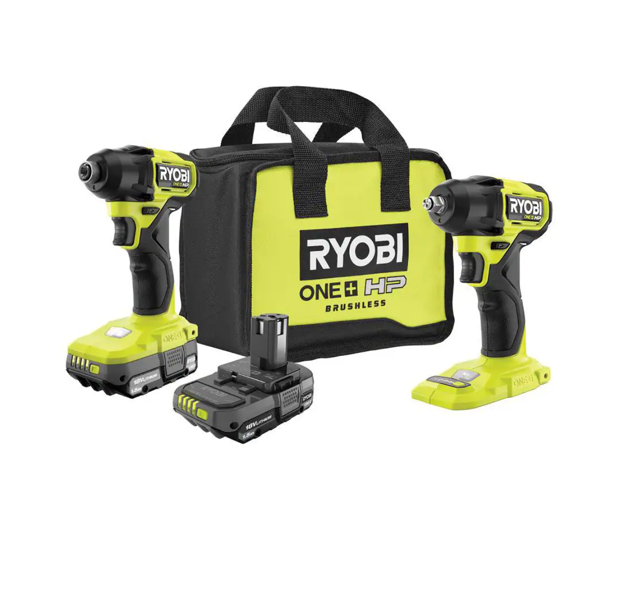 RYOBI PSBID01K-PSBIW01B ONE+ HP 18V Brushless Cordless Compact 1/4 in. Impact Driver， 3/8 in. Impact Wrench， (2) Batteries， Charger， and Bag