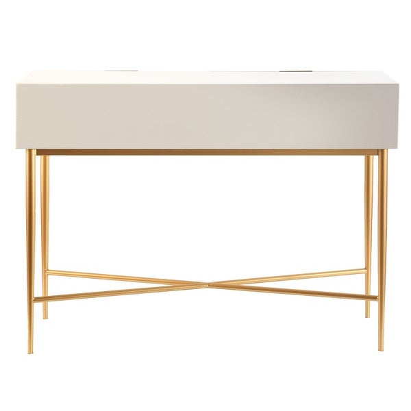 StyleCraft Glossy White Textured 2 Drawer Console Table with Gold Hardware