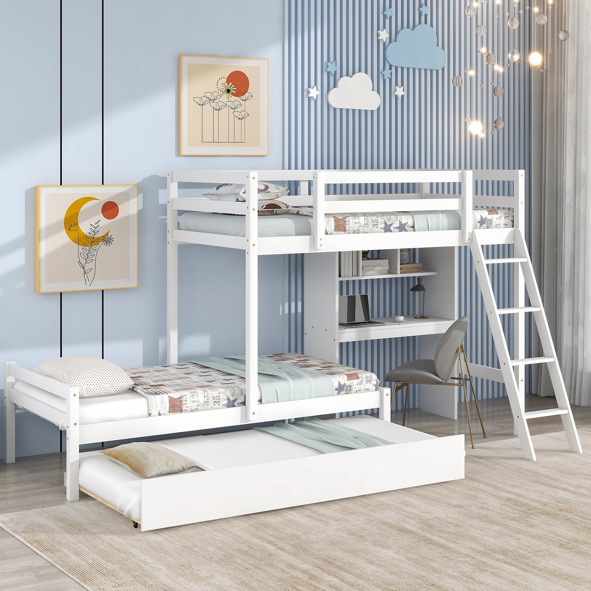 EUROCO Twin over Twin Bunk Bed with Desk and Trundle for Kids Bedroom, White