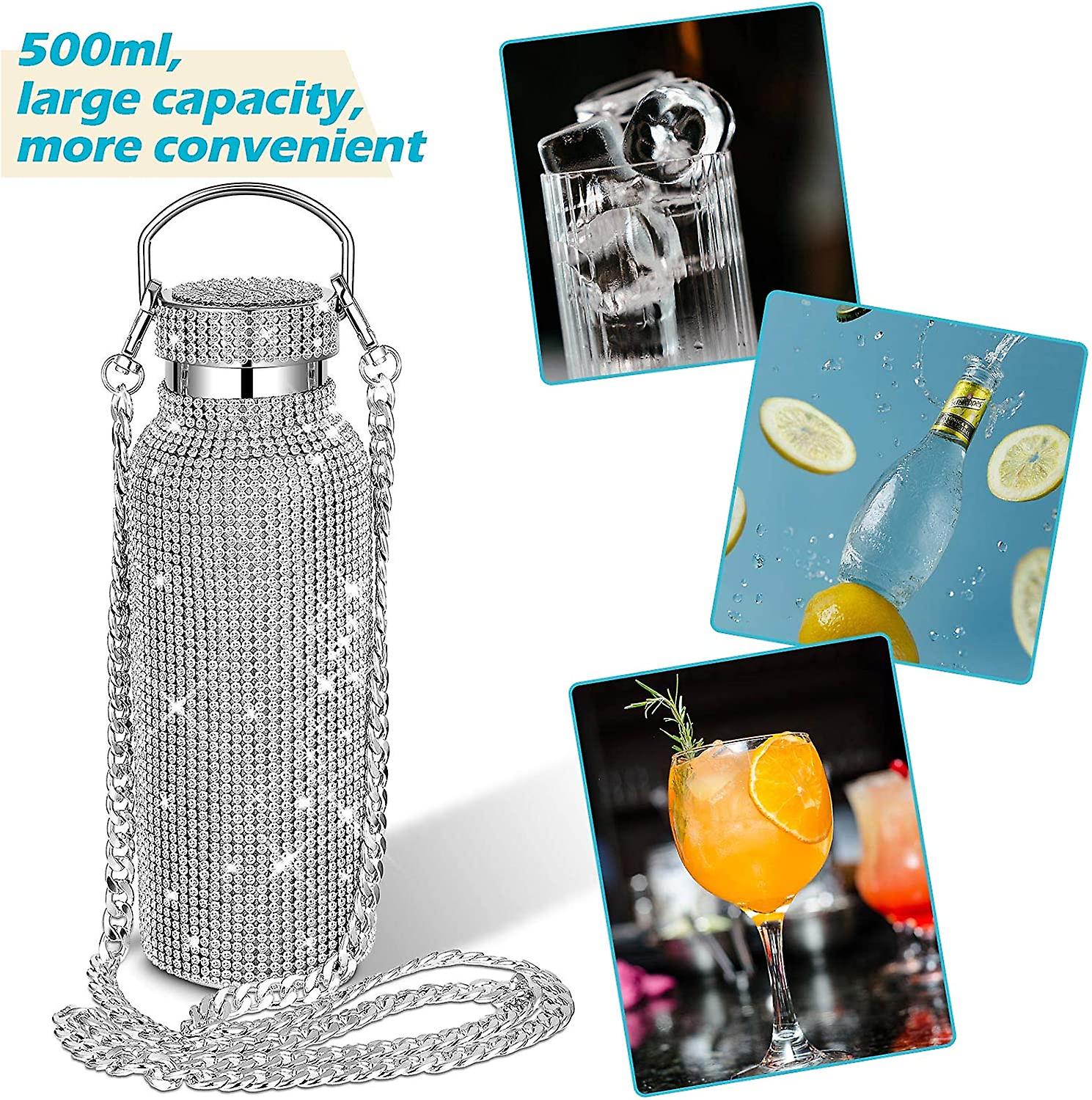 Diamond Water Bottle Bling Rhinestone Stainless Steel Thermal Bottle Refillable Water Bottle Insulated Water Bottle Glitter Water Bottle With Chain Fo