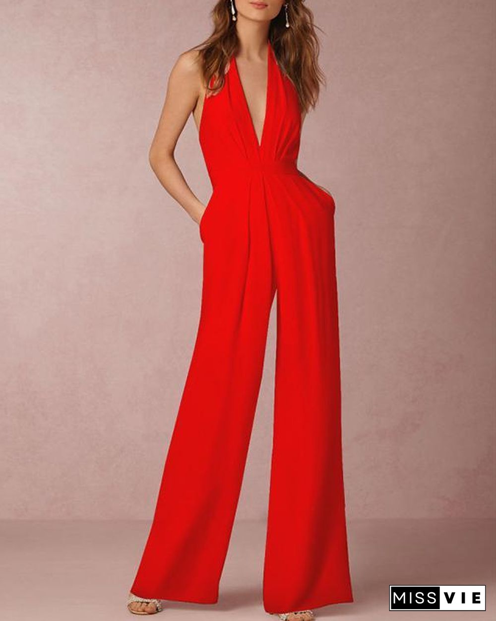 Halter Pocket Plain Wide-Leg Jumpsuit