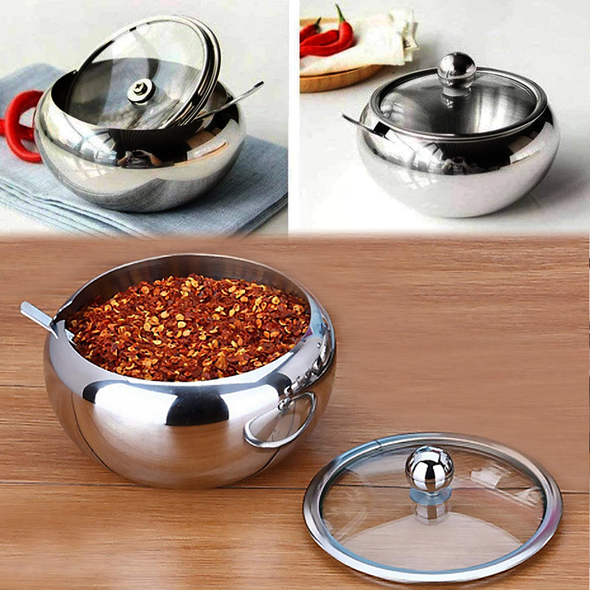 Spice Tools Stainless Steel Sugar Bowl With Clear Glass Lid - For Better Recognition And Spoon For Home And Kitchen Drum Shade 16.9oz-1PACK