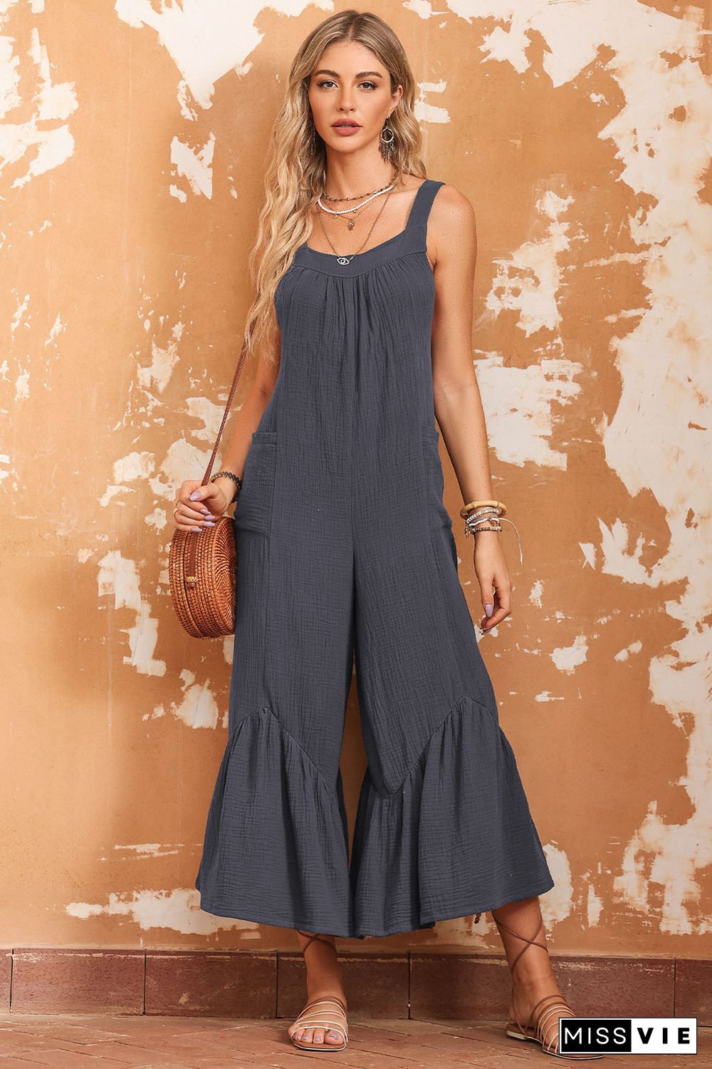 Gray Wide Leg Ruffle Jumpsuit