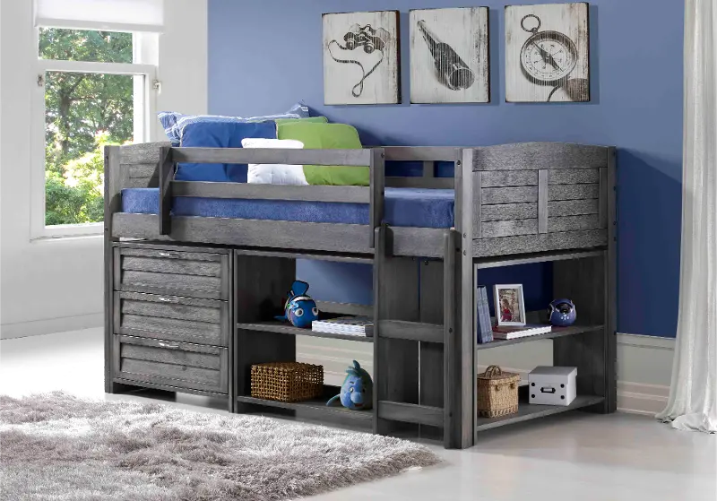 Louver Antique Gray Low Loft Bed Style B