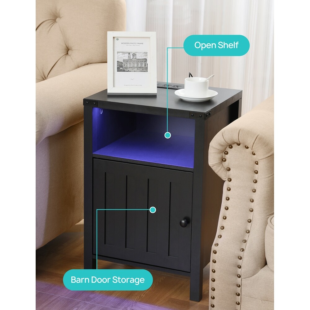 Nightstand with Charging Station And RGB Light Strip Barn Door Cabinet  Open Shelf