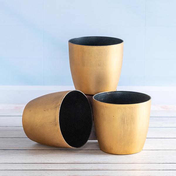 5.3 inch (13 cm) Ronda No. 1412 Antique Gold Finish Round Plastic Planter (Golden Color) (set of 3)