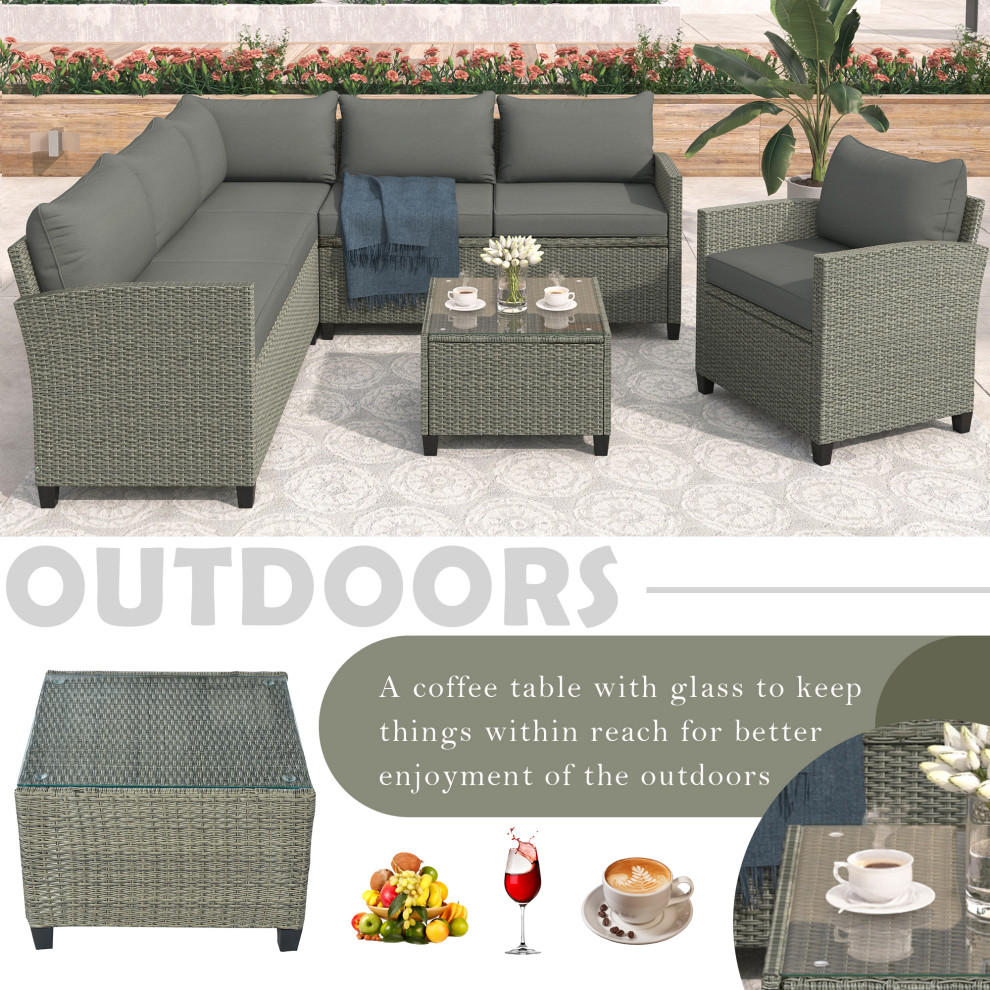 5 Pieces Outdoor Rattan Patio Sectional Sofa Set with Coffee Table   Tropical   Outdoor Lounge Sets   by AquaView Inc  Houzz