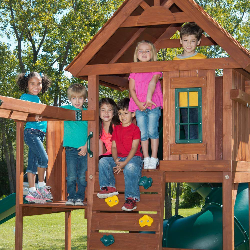 Swing-N-Slide Playsets Grandview Twist Deluxe Complete Wooden Outdoor Playset with Slide Dual Rider and Backyard Swing Set Accessories PB 8020