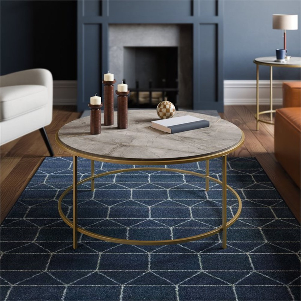 Pemberly Row Metal Frame Round Coffee Table in Gold Satin/Deco Stone   Contemporary   Coffee Tables   by Homesquare  Houzz