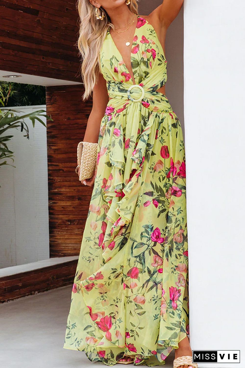 Yellow Floral Print Halter Wrapped Maxi Dress