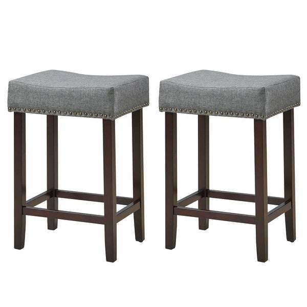 2 pcs Nailhead Saddle Bar Stools with Fabric Seat and Wood Legs-Gray - 17.5