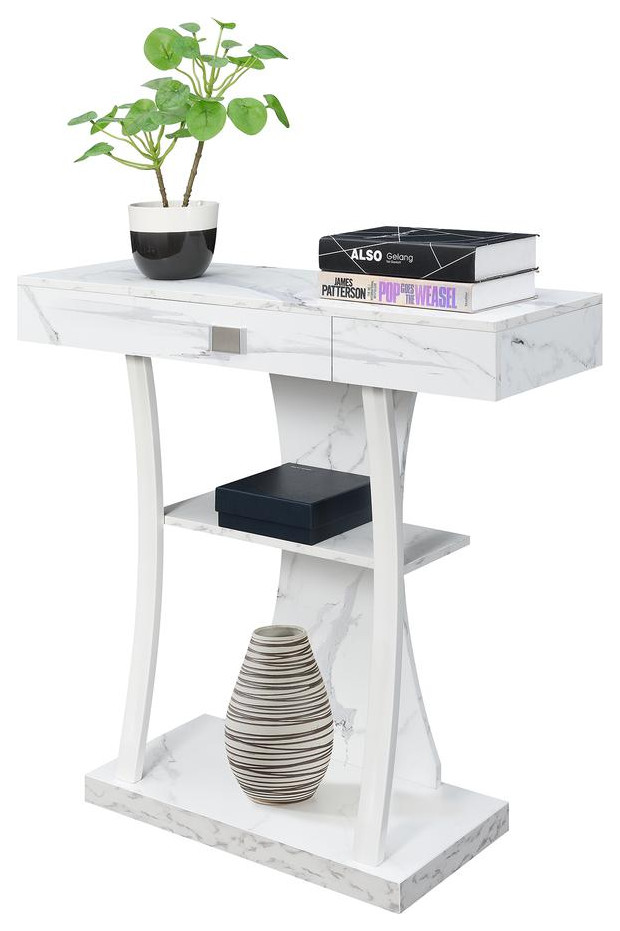 Newport 1 Drawer Harri Console Table with Shelves  White Faux Marble/White Base   Contemporary   Entertainment Centers And Tv Stands   by BisonOffice  Houzz