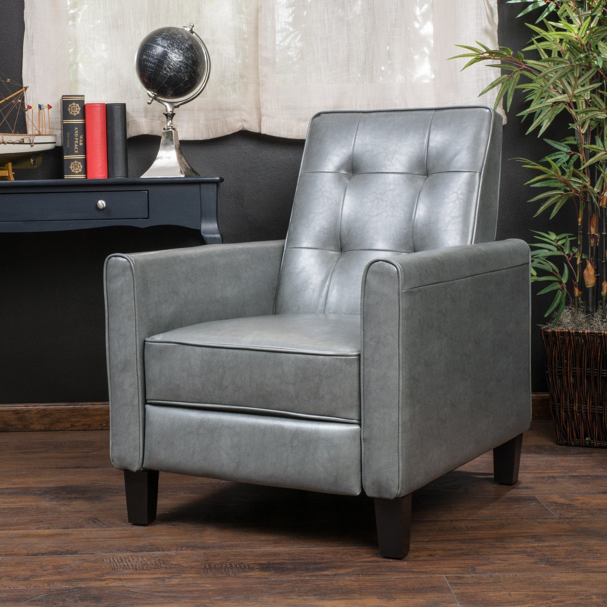 Elan Contemporary Tufted Dark Gray Bonded Leather Recliner with Tapered Legs