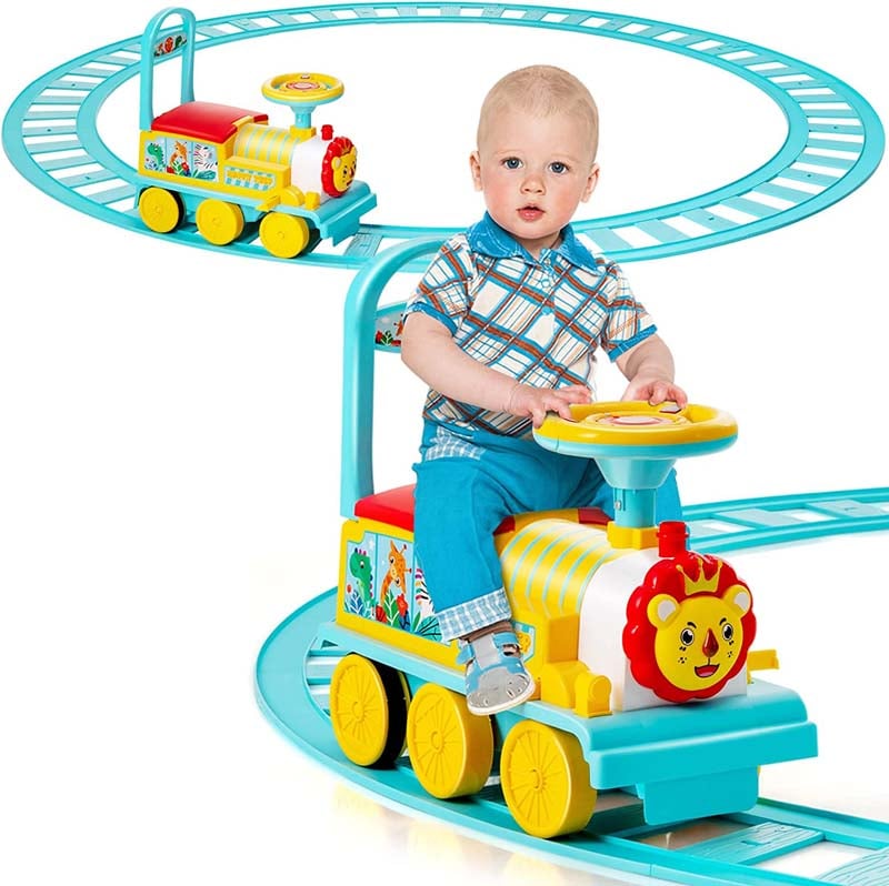 6V Kids Ride on Train with Tracks & 6 Wheels, Battery Powered Electric Ride On Toy with Lights & Music