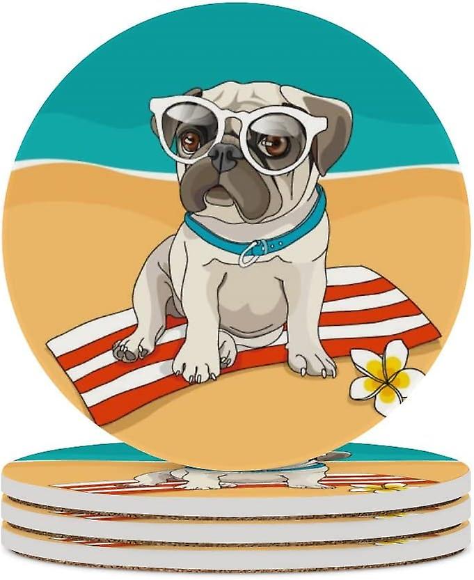 4pcs Round Puppy Pug On Beach Ceramic Coasters With Cork-backed For Coffee Drink Cup Mat Absorbent Stone Coasters