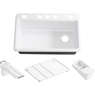 KOHLER Riverby Workstation Undermount Cast Iron 33 in. 5-Hole Single Bowl Kitchen Sink Kit in White with Accessories K-5871-5UA3-0