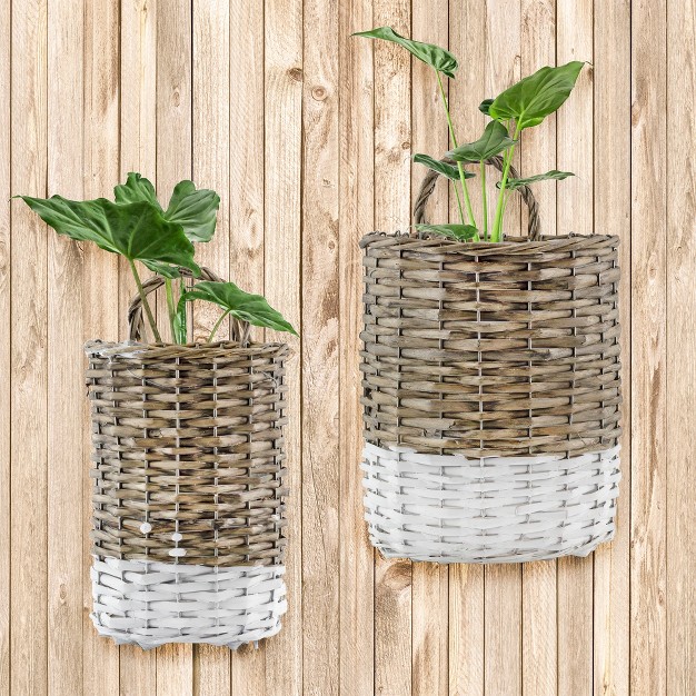 Auldhome Design Wall Hanging Baskets Gray W White 2pc Set Small medium Wicker Rustic Farmhouse Door