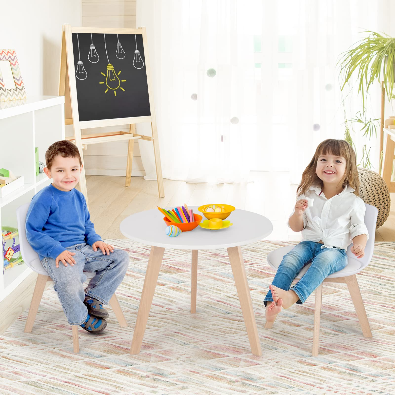 Costzon Kids Table and Chair Set, 3 Pcs Wood Activity Play Table w/Padded Seat & Wood Legs for Arts