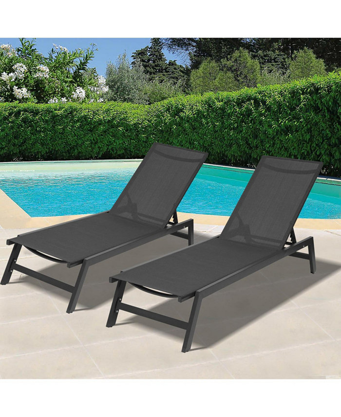 Simplie Fun Outdoor 2-Pcs Set Chaise Lounge Chairs Five-Position Adjustable Aluminum Recliner All Weather for Patio Beach Yard Pool ( Grey Frame  Black fabric)