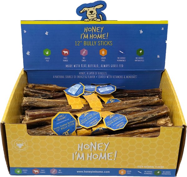 Honey I'm Home! 12-in Bully Sticks Natural Honey Coated Buffalo Chews Grain-Free Dog Treats