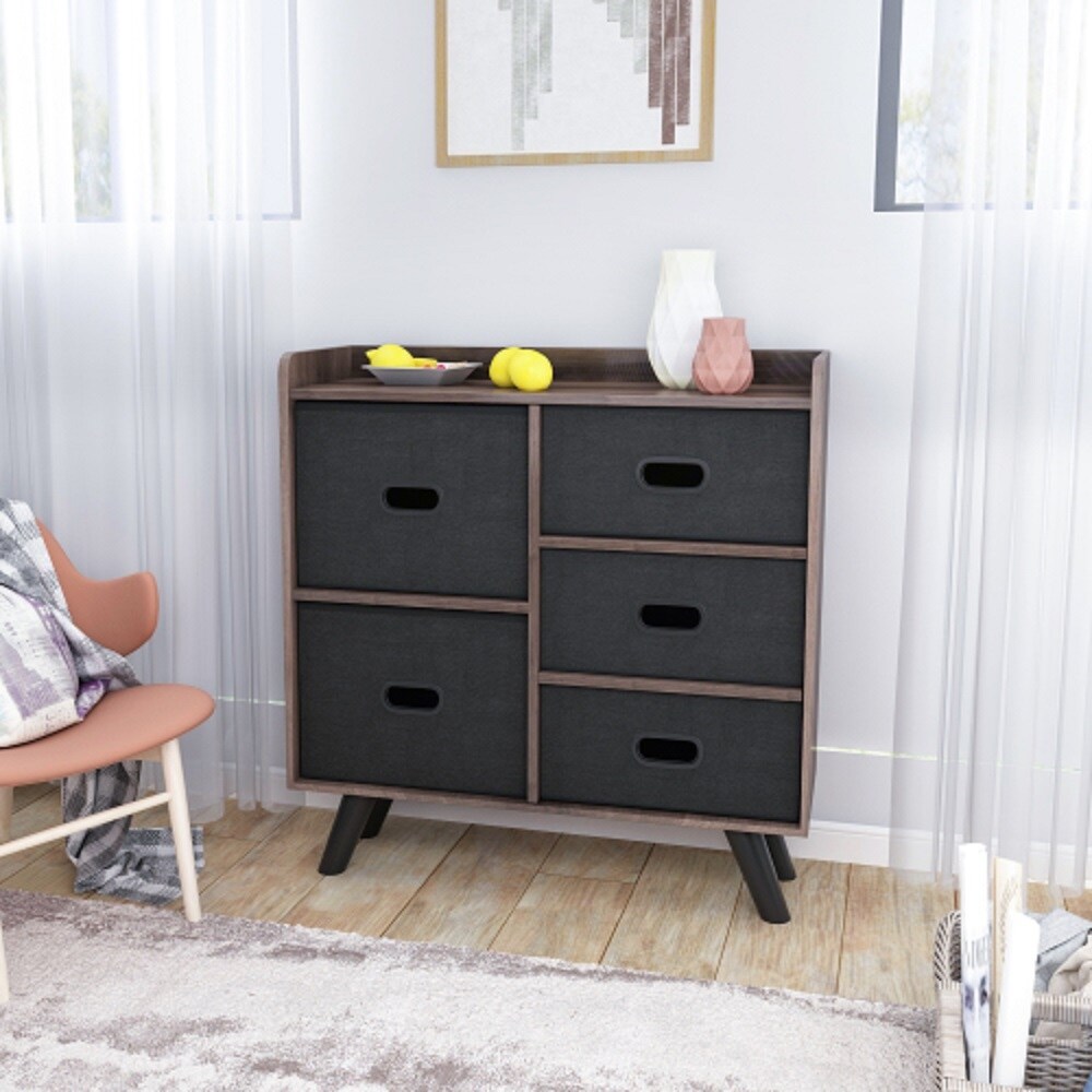 Dresser Organizer Cabinet with 5 Easy Pull Fabric Drawers  Sturdy MDF Frame and Wood Top Closet Storage  Organizer Unit