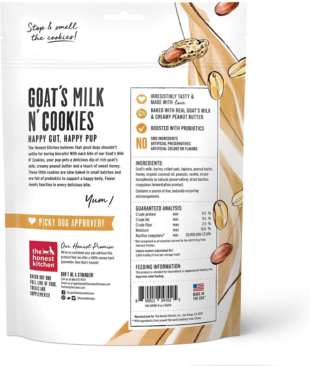 The Honest Kitchen Goat's Milk N' Cookies Slow Baked With Peanut Butter and Honey Dog Treats， 8-oz bag