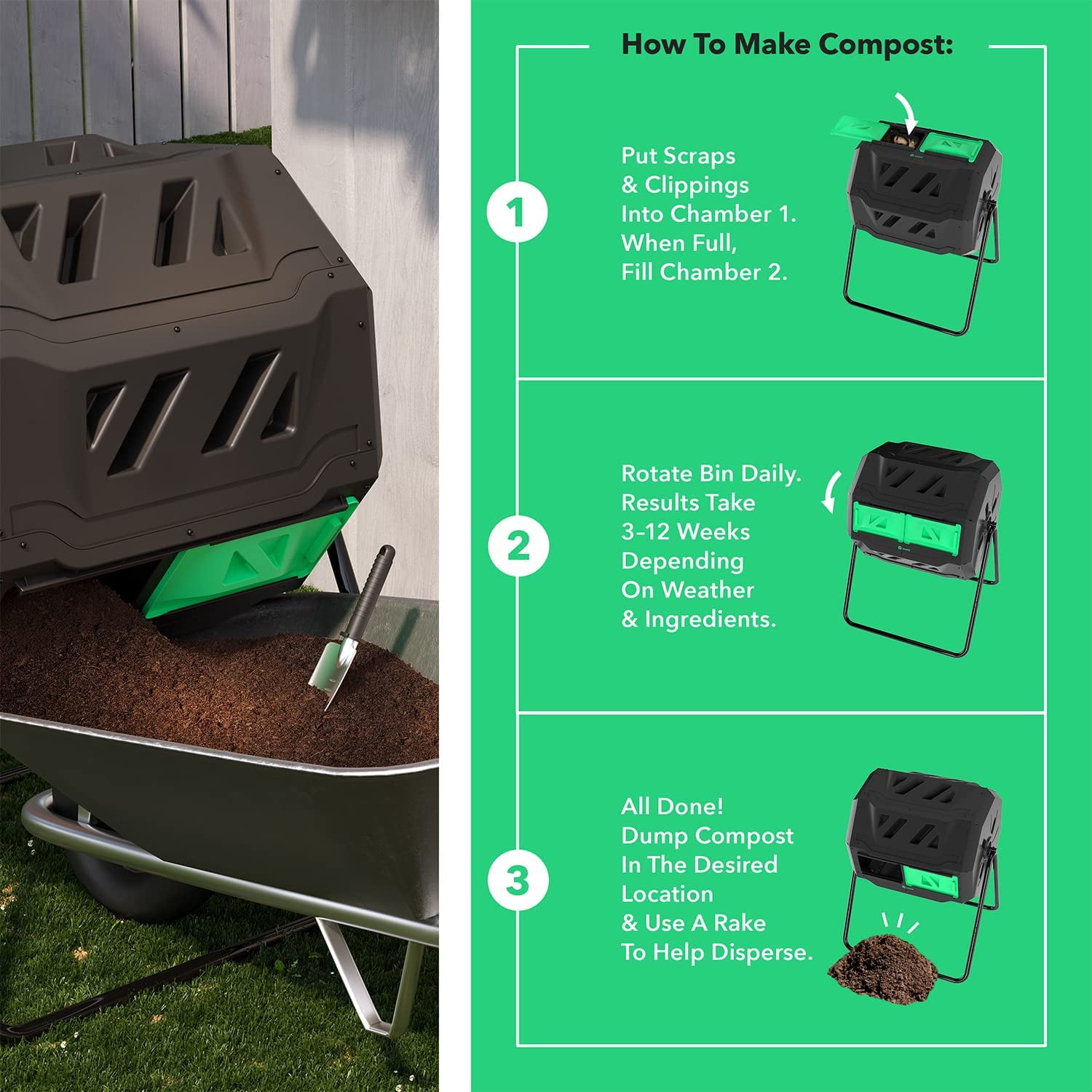 Vremi Tumbling Outdoor Compost Bin – Dual Chamber 360° UV Proof and Rust Proof 42 gal with Secure Sliding Doors – All Season Composter with Aeration System