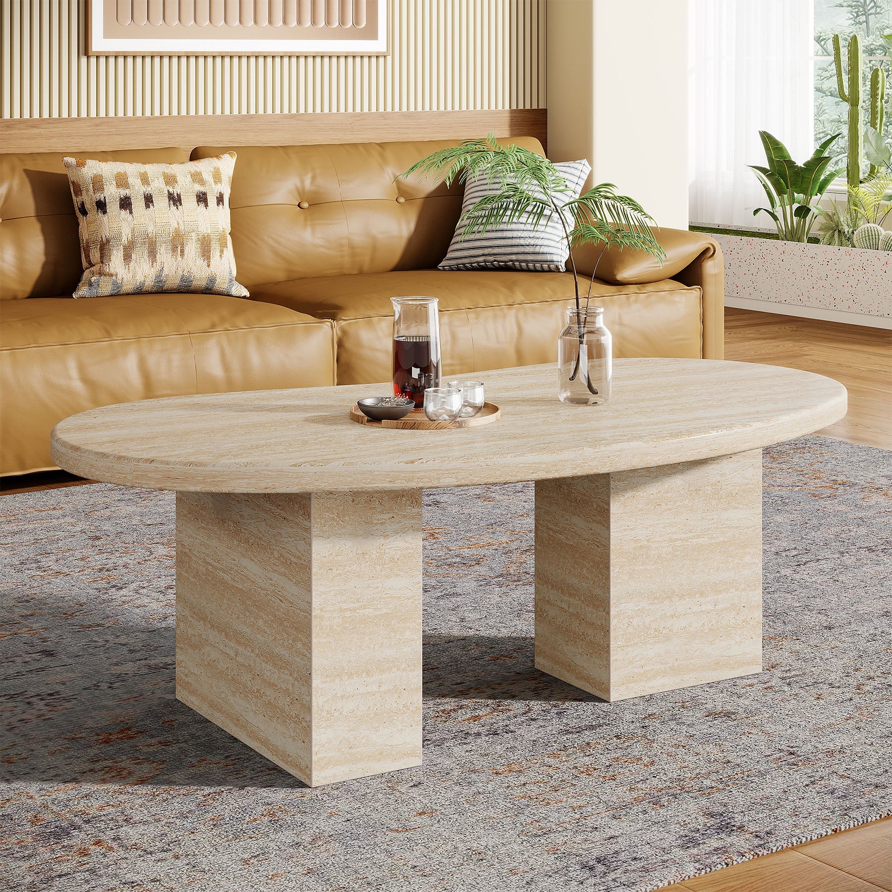 45 Coffee Table, Wood Center Table with Asymmetric Pedestal Legs